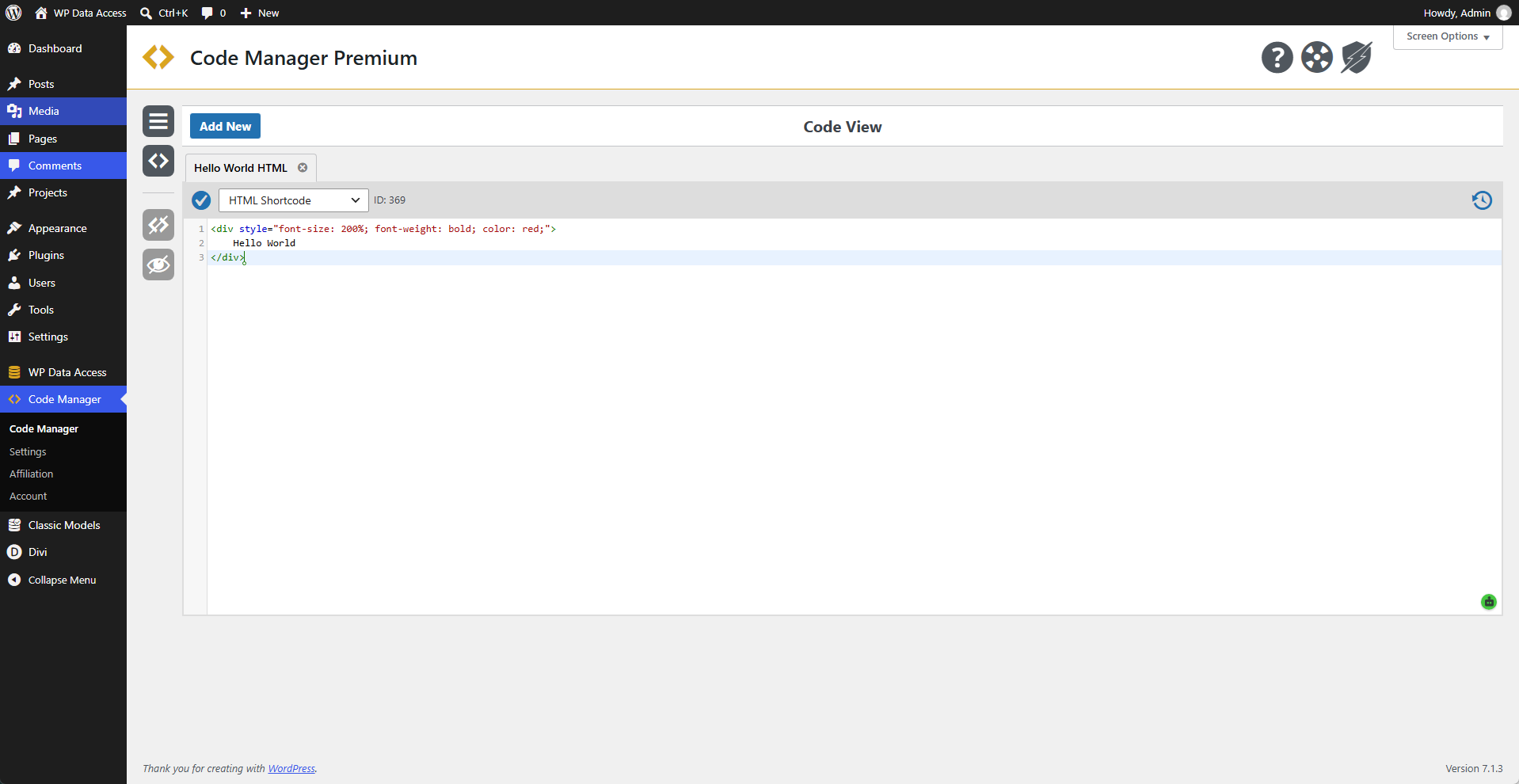 Code Manager - HTML Shortcode