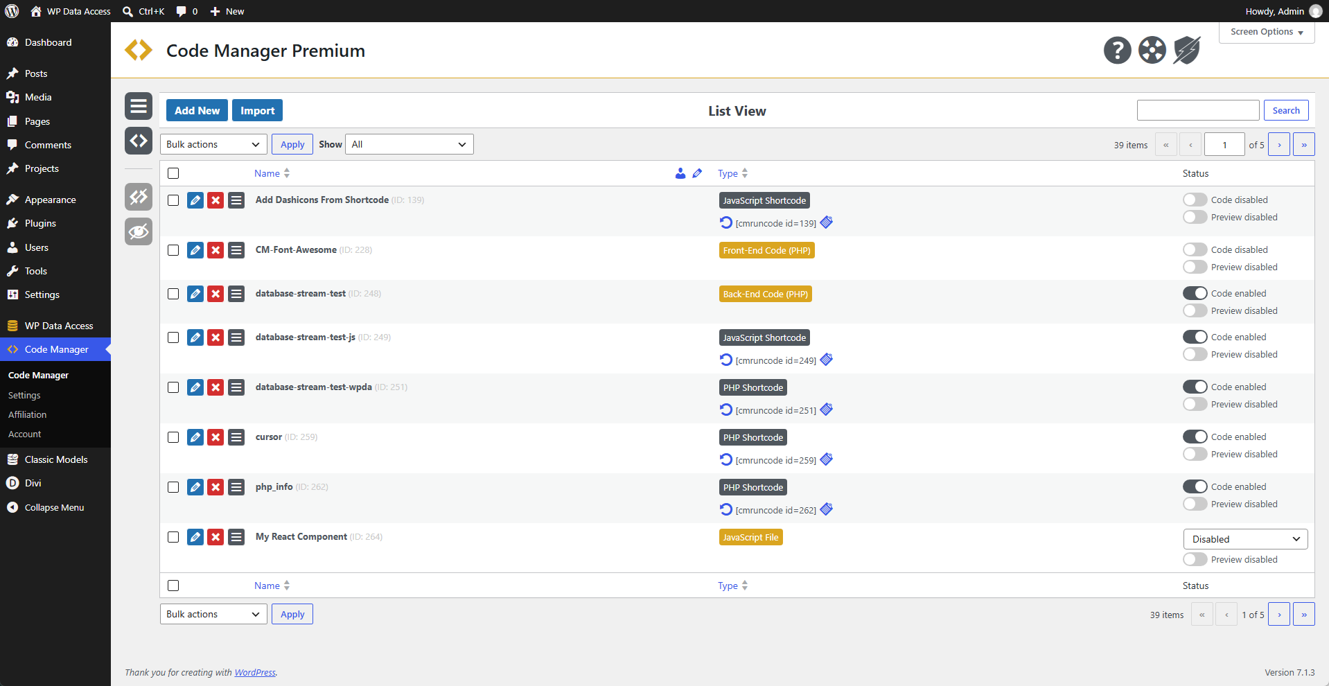 Code Manager - List View
