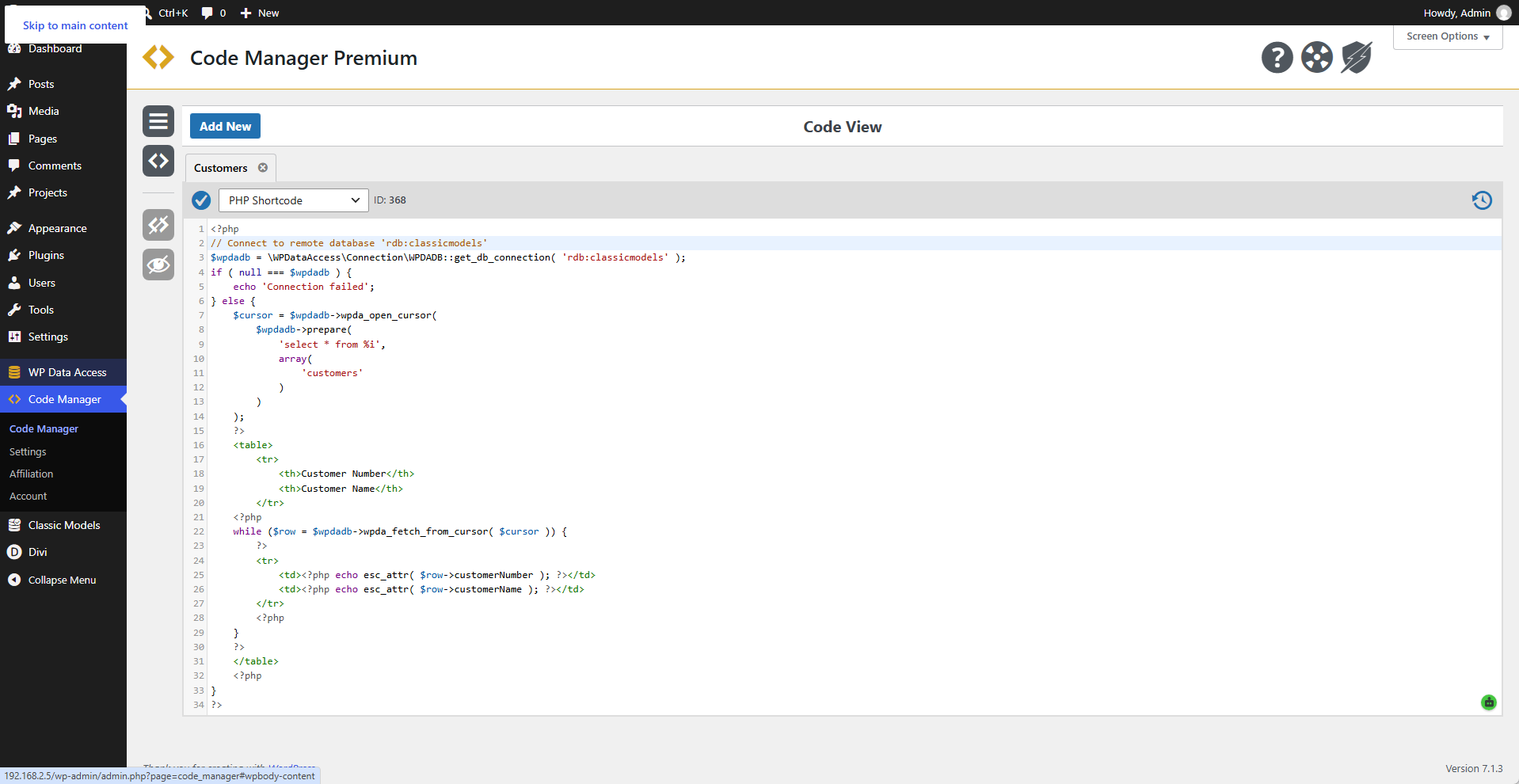 Code Manager - PHP Shortcode