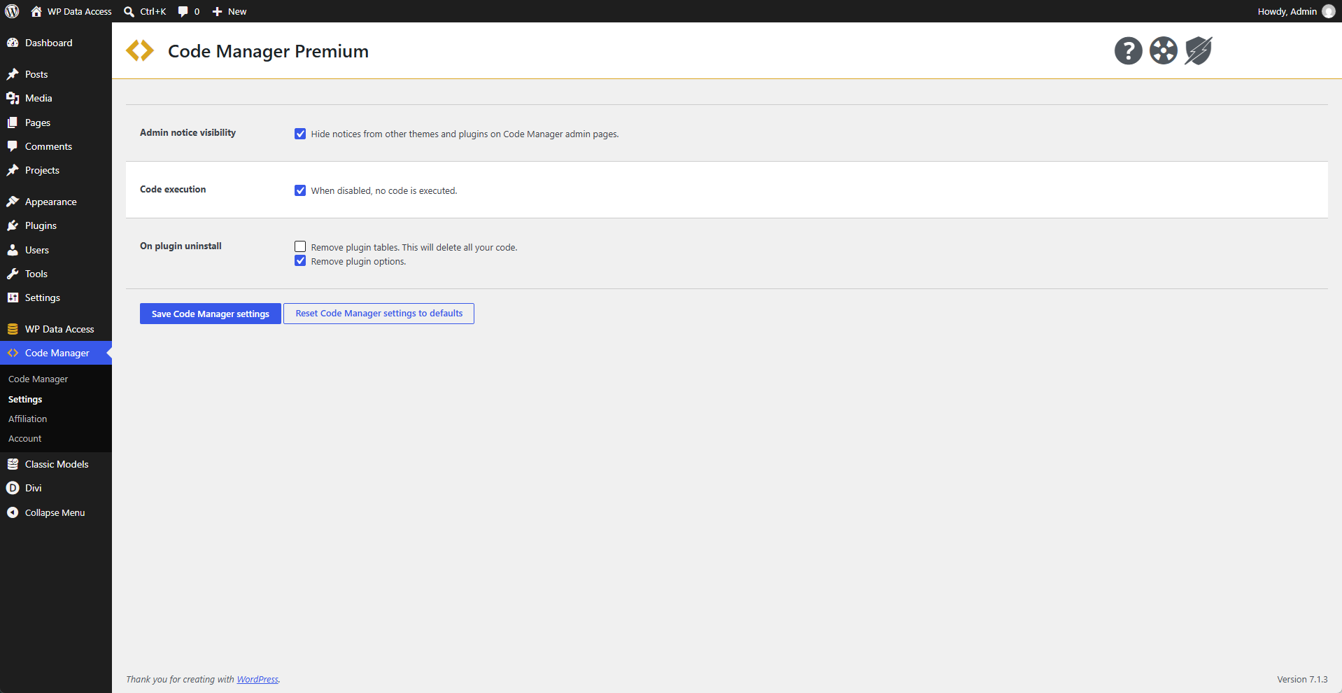 Code Manager - Settings